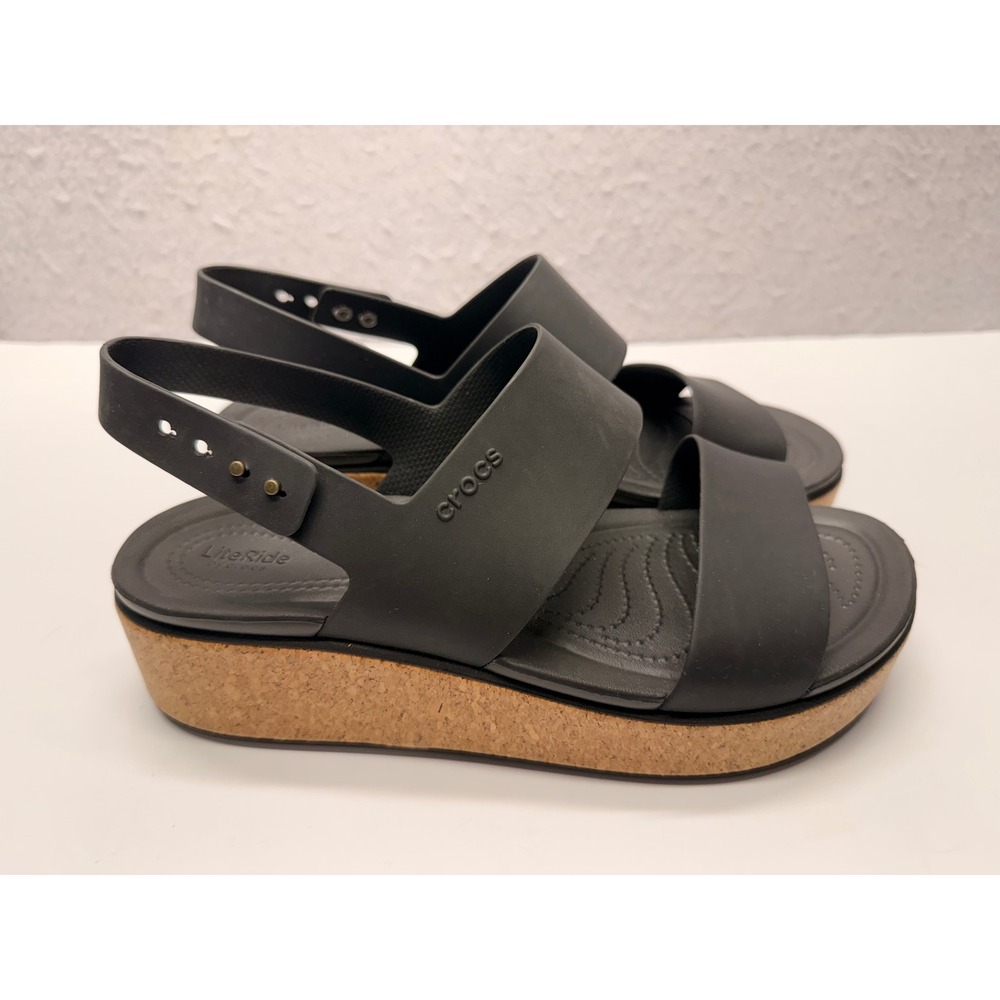 Crocs LiteRide Brooklyn Low Wedge Sandals Black Cork 205664 Womens 11